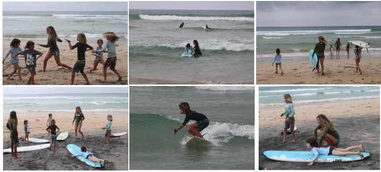 Les enfants surfent sur la plage de kabalana